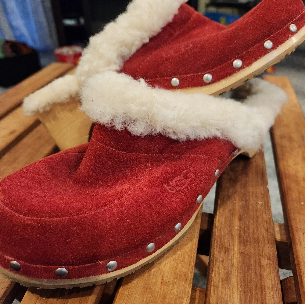 UGG red suede clogs.